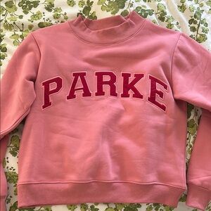 NWT PARKE pink mock neck with red letters
